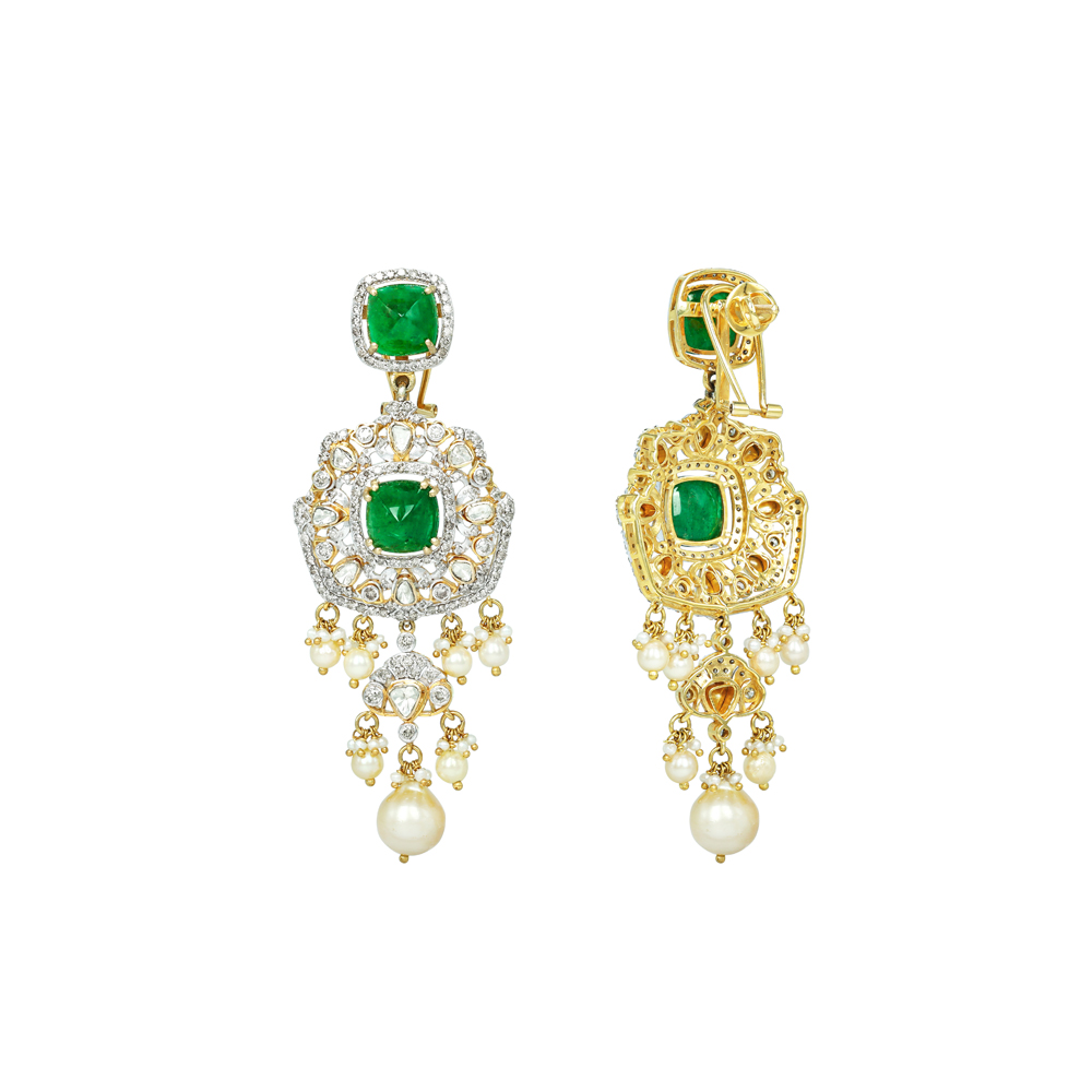 Emerald and Polki Earrings with Pearls